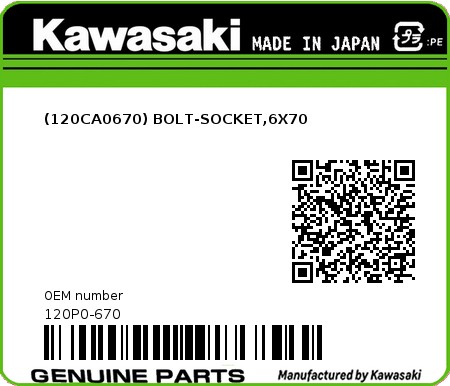 Product image: Kawasaki - 120P0-670 - (120CA0670) BOLT-SOCKET,6X70  0