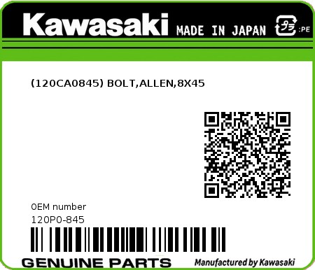 Product image: Kawasaki - 120P0-845 - (120CA0845) BOLT,ALLEN,8X45  0