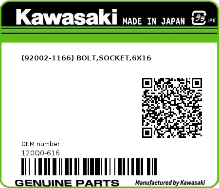 Product image: Kawasaki - 120Q0-616 - (92002-1166) BOLT,SOCKET,6X16  0