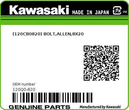 Product image: Kawasaki - 120Q0-820 - (120CB0820) BOLT,ALLEN,8X20  0