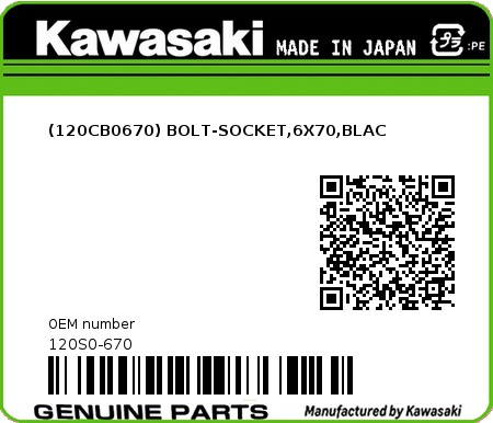 Product image: Kawasaki - 120S0-670 - (120CB0670) BOLT-SOCKET,6X70,BLAC  0