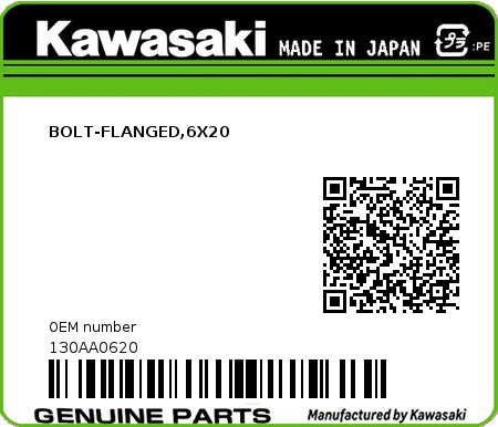Product image: Kawasaki - 130AA0620 - BOLT-FLANGED,6X20  0