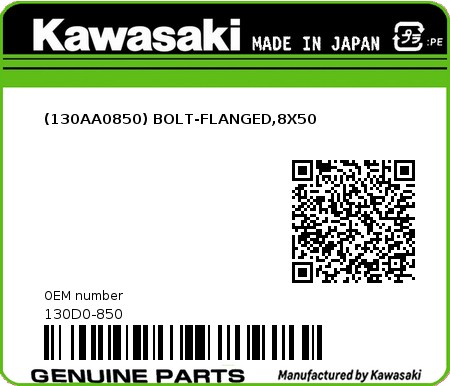 Product image: Kawasaki - 130D0-850 - (130AA0850) BOLT-FLANGED,8X50  0