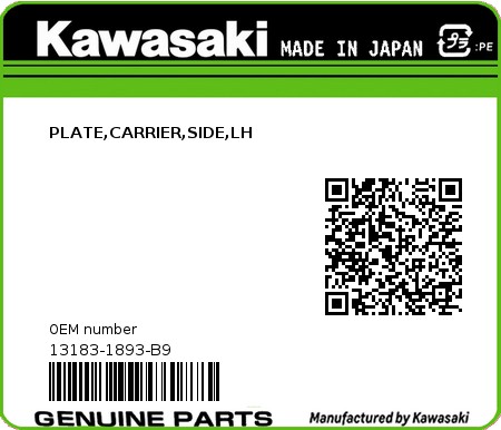 Product image: Kawasaki - 13183-1893-B9 - PLATE,CARRIER,SIDE,LH  0