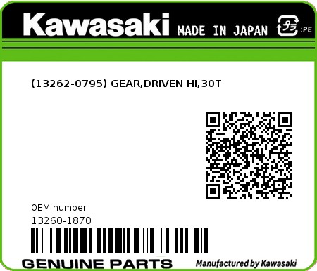 Product image: Kawasaki - 13260-1870 - (13262-0795) GEAR,DRIVEN HI,30T  0