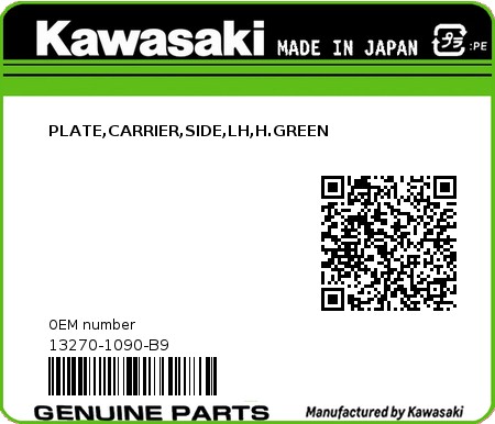 Product image: Kawasaki - 13270-1090-B9 - PLATE,CARRIER,SIDE,LH,H.GREEN  0