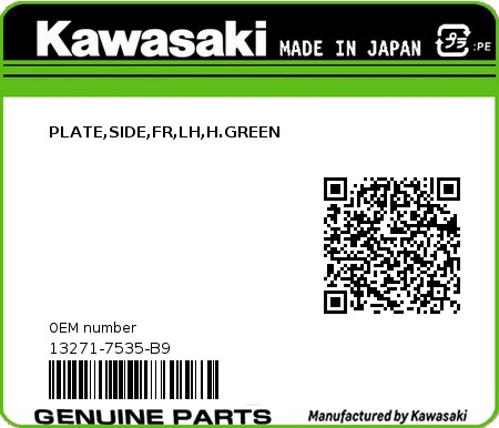 Product image: Kawasaki - 13271-7535-B9 - PLATE,SIDE,FR,LH,H.GREEN  0