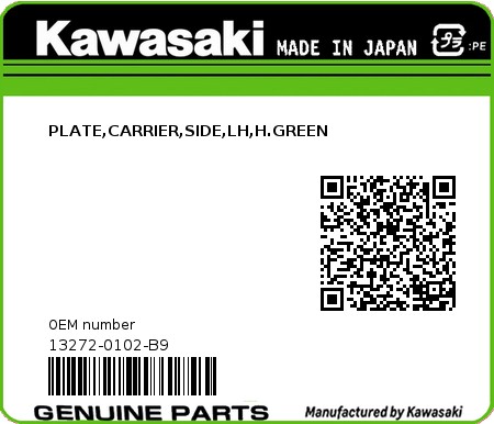 Product image: Kawasaki - 13272-0102-B9 - PLATE,CARRIER,SIDE,LH,H.GREEN  0