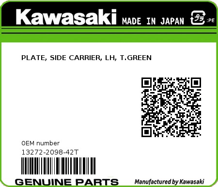 Product image: Kawasaki - 13272-2098-42T - PLATE, SIDE CARRIER, LH, T.GREEN  0