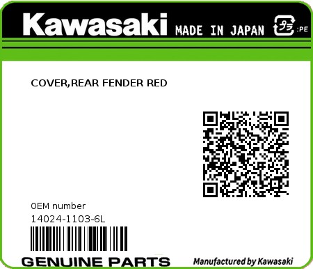 Product image: Kawasaki - 14024-1103-6L - COVER,REAR FENDER RED  0