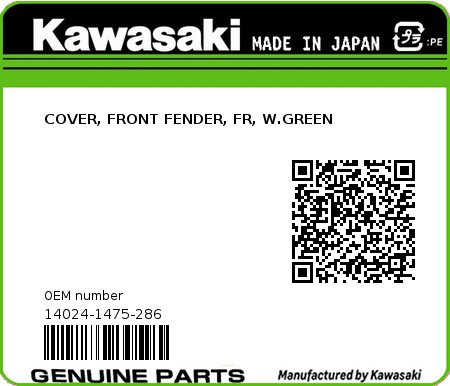 Product image: Kawasaki - 14024-1475-286 - COVER, FRONT FENDER, FR, W.GREEN  0