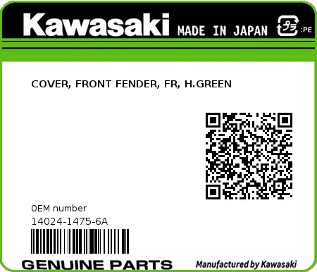 Product image: Kawasaki - 14024-1475-6A - COVER, FRONT FENDER, FR, H.GREEN  0