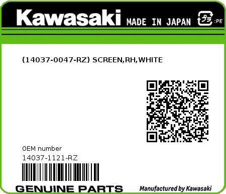 Product image: Kawasaki - 14037-1121-RZ - (14037-0047-RZ) SCREEN,RH,WHITE  0