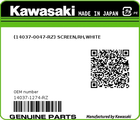 Product image: Kawasaki - 14037-1274-RZ - (14037-0047-RZ) SCREEN,RH,WHITE  0