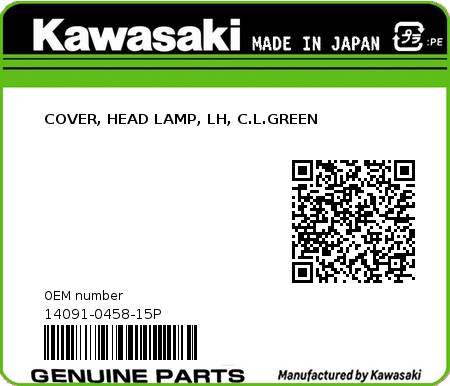 Product image: Kawasaki - 14091-0458-15P - COVER, HEAD LAMP, LH, C.L.GREEN  0