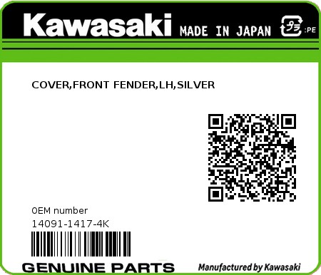 Product image: Kawasaki - 14091-1417-4K - COVER,FRONT FENDER,LH,SILVER  0