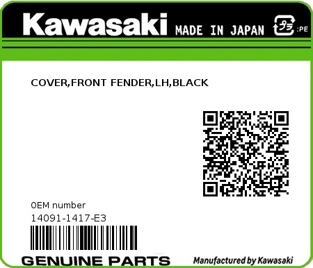 Product image: Kawasaki - 14091-1417-E3 - COVER,FRONT FENDER,LH,BLACK  0