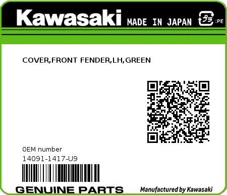Product image: Kawasaki - 14091-1417-U9 - COVER,FRONT FENDER,LH,GREEN  0