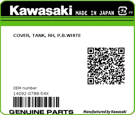 Product image: Kawasaki - 14092-0788-54X - COVER, TANK, RH, P.B.WHITE  0