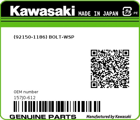Product image: Kawasaki - 157J0-612 - (92150-1186) BOLT-WSP  0