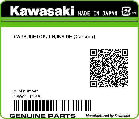 Product image: Kawasaki - 16001-1163 - CARBURETOR,R.H,INSIDE (Canada)  0