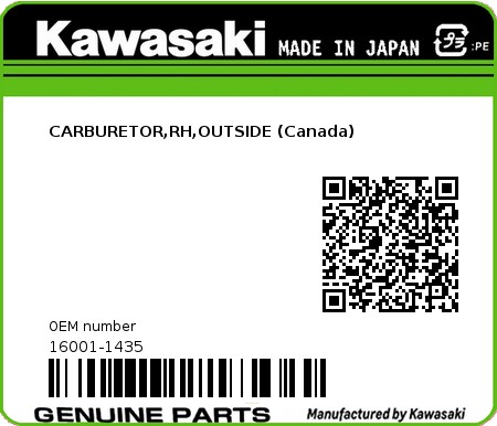 Product image: Kawasaki - 16001-1435 - CARBURETOR,RH,OUTSIDE (Canada)  0