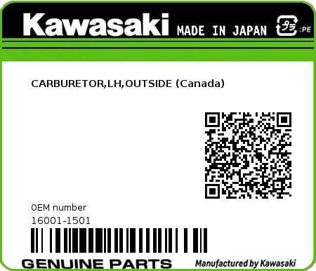 Product image: Kawasaki - 16001-1501 - CARBURETOR,LH,OUTSIDE (Canada)  0