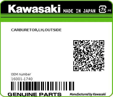 Product image: Kawasaki - 16001-1740 - CARBURETOR,LH,OUTSIDE  0