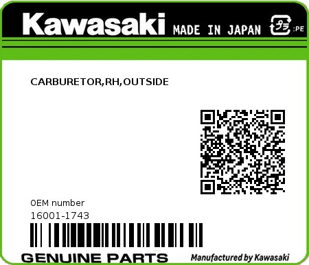 Product image: Kawasaki - 16001-1743 - CARBURETOR,RH,OUTSIDE  0