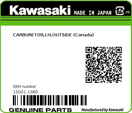 Product image: Kawasaki - 16001-1980 - CARBURETOR,LH,OUTSIDE (Canada)  0