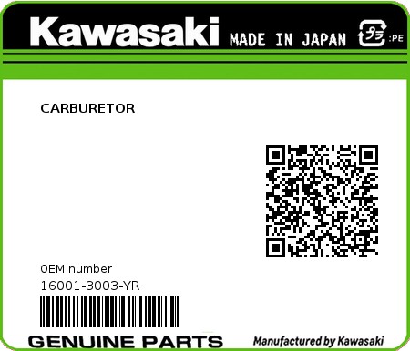Product image: Kawasaki - 16001-3003-YR - CARBURETOR  0
