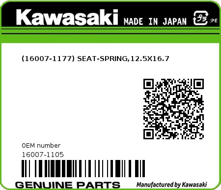 Product image: Kawasaki - 16007-1105 - (16007-1177) SEAT-SPRING,12.5X16.7  0