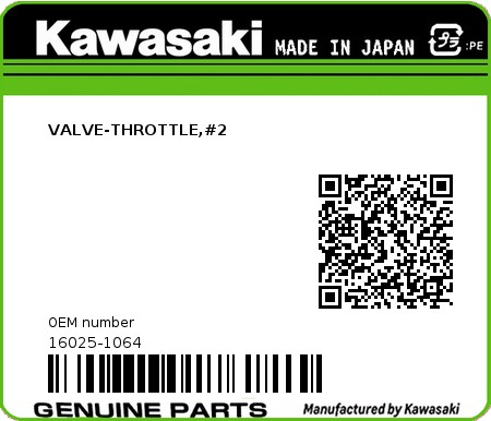 Product image: Kawasaki - 16025-1064 - VALVE-THROTTLE,#2  0
