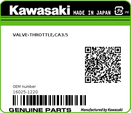 Product image: Kawasaki - 16025-1220 - VALVE-THROTTLE,CA3.5  0