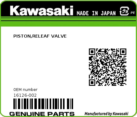 Product image: Kawasaki - 16126-002 - PISTON,RELEAF VALVE  0