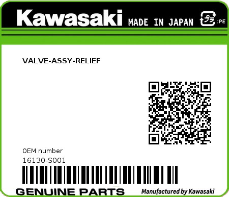 Product image: Kawasaki - 16130-S001 - VALVE-ASSY-RELIEF  0