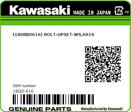 Product image: Kawasaki - 180J0-616 - (180BB0616) BOLT-UPSET-WS,6X16  0
