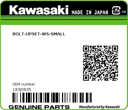 Product image: Kawasaki - 183J0835 - BOLT-UPSET-WS-SMALL  0