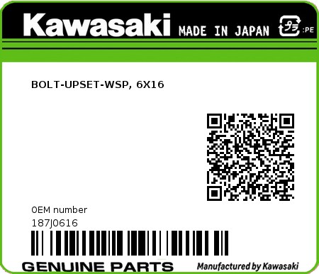 Product image: Kawasaki - 187J0616 - BOLT-UPSET-WSP, 6X16  0