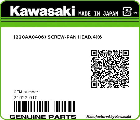 Product image: Kawasaki - 21022-010 - (220AA0406) SCREW-PAN HEAD,4X6  0