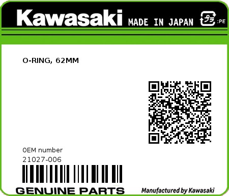 Product image: Kawasaki - 21027-006 - O-RING, 62MM  0