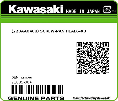 Product image: Kawasaki - 21085-004 - (220AA0408) SCREW-PAN HEAD,4X8  0