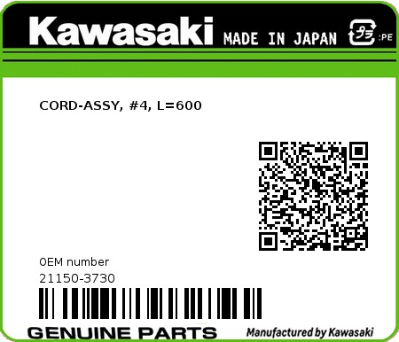 Product image: Kawasaki - 21150-3730 - CORD-ASSY, #4, L=600  0