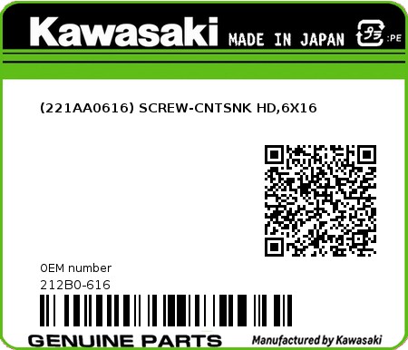 Product image: Kawasaki - 212B0-616 - (221AA0616) SCREW-CNTSNK HD,6X16  0