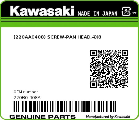 Product image: Kawasaki - 220B0-408A - (220AA0408) SCREW-PAN HEAD,4X8  0