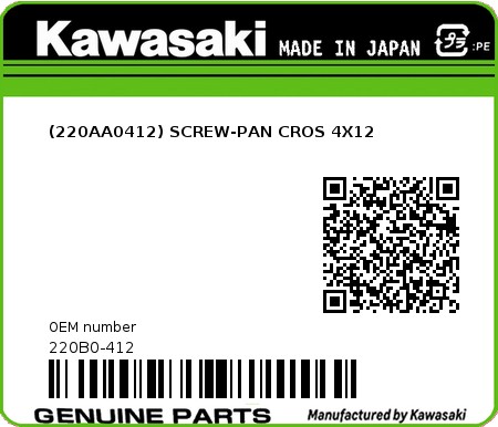 Product image: Kawasaki - 220B0-412 - (220AA0412) SCREW-PAN CROS 4X12  0
