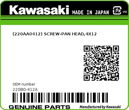 Product image: Kawasaki - 220B0-412A - (220AA0412) SCREW-PAN HEAD,4X12  0