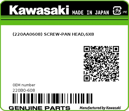 Product image: Kawasaki - 220B0-608 - (220AA0608) SCREW-PAN HEAD,6X8  0