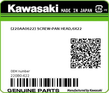 Product image: Kawasaki - 220B0-622 - (220AA0622) SCREW-PAN HEAD,6X22  0
