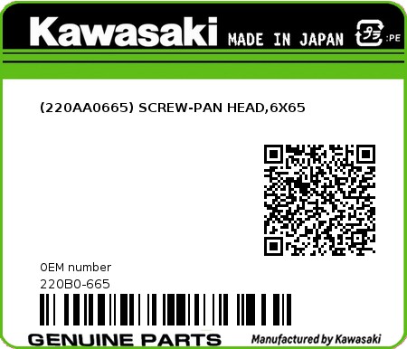 Product image: Kawasaki - 220B0-665 - (220AA0665) SCREW-PAN HEAD,6X65  0